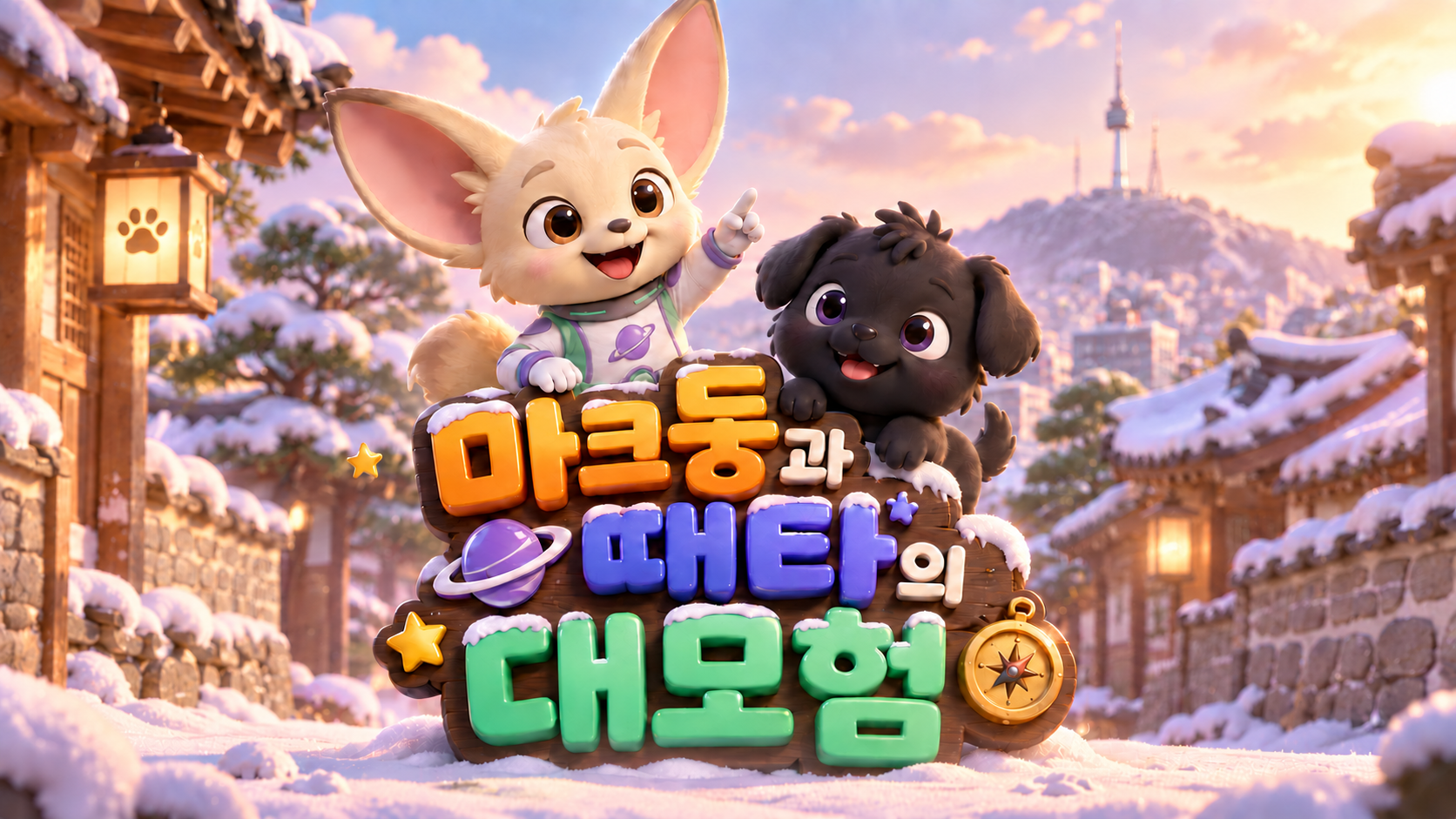 눈 덮인 서울을 배경으로 함께 있는 마크둥과 때타, 마크둥과 때타의 대모험 타이틀